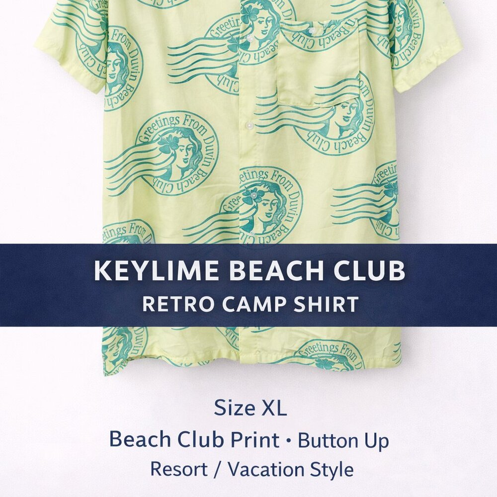 Duvin Keylime Beach Club Button Up XL Retro Camp Collar Shirt - Picture 2 of 10